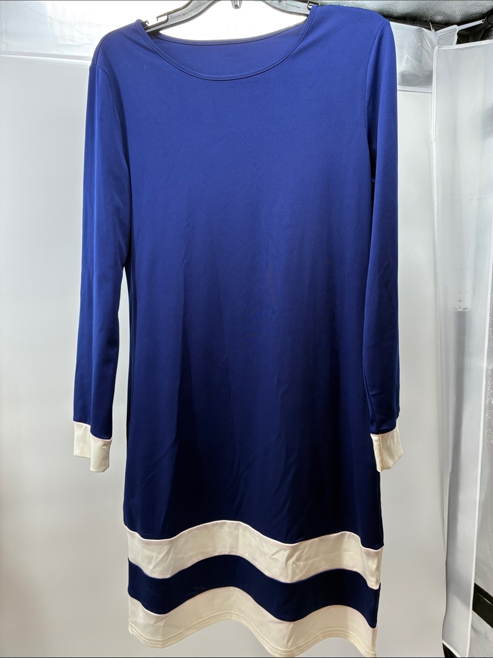 Navy and Cream Long-Sleeve Shift Dress